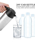 Boss Level 24v Electric Water Kettle For Truckers And Road Warriors 750ml pouring hot water into a glass with water bottles in background.