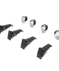 Heavy Duty Retractable Casters With Foot Lift Pedal 3 Inch Swivel Wheels 1100 Lb Capacity 360 Rotation Locking Mechanism showing 4 black retractable feet and 3 swivel wheels.