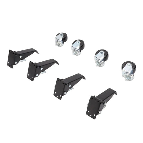 Heavy Duty Retractable Casters With Foot Lift Pedal 3 Inch Swivel Wheels 1100 Lb Capacity 360 Rotation Locking Mechanism showing 4 black retractable feet and 3 swivel wheels.