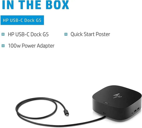Image showing the HP USB-C Dock G5, 100W power adapter, and quick start poster included in the box.