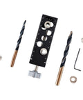 Rock Solid Aluminum Alloy Pocket Hole Jig No Fuss Drill Guide Tool with two drill bits and accessories for woodworking precision.