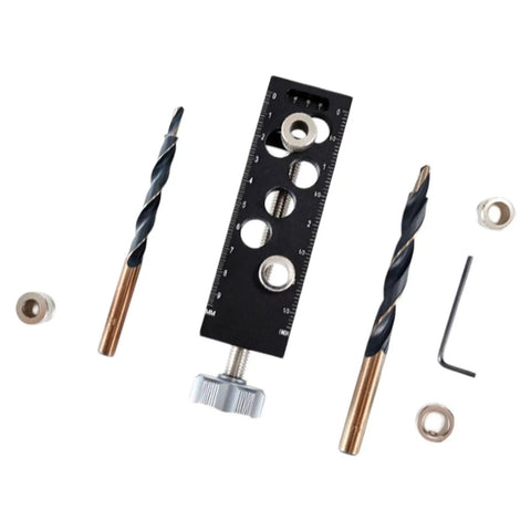 Rock Solid Aluminum Alloy Pocket Hole Jig No Fuss Drill Guide Tool with two drill bits and accessories for woodworking precision.