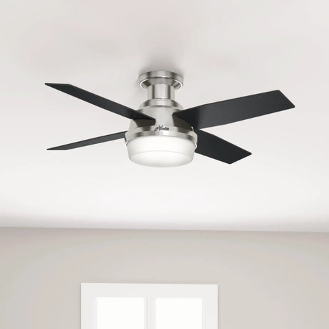 44 Inch Indoor Ceiling Fan With LED Light And Remote Control Dope Low Profile Flush Mount Brushed Nickel With 4 Black Oak Blades