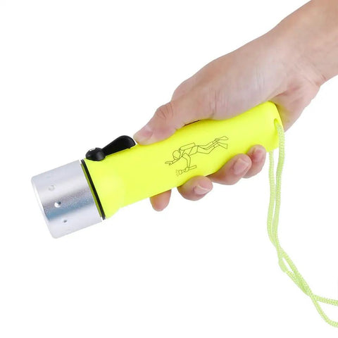 Hand holding 180 LED Diving Flashlight Underwater Torch in Fluorescent Green with Nylon Hand Strap, aluminum body, deep-sea use