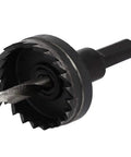 Black Heavy Duty HSS Hole Saw Kit, 35mm Cutter, 75mm Overall Length, 6mm Drill Bit, 7mm Cutting Depth, close-up of teeth and drill bit