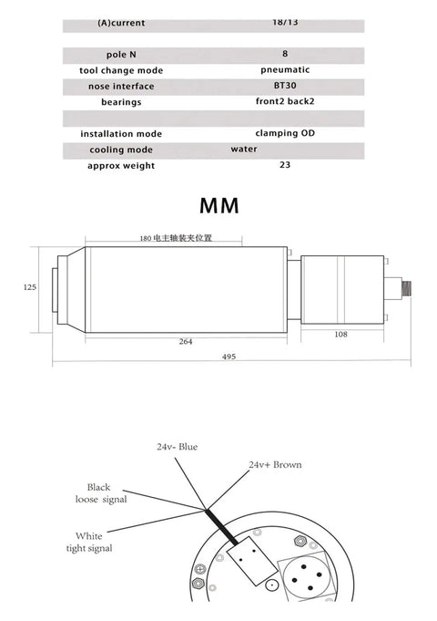Technical diagram of No Nonsense Heavy Duty Bt30 Water Cooled Spindle Motor For Cnc Engraving And Routing Machines specifications.
