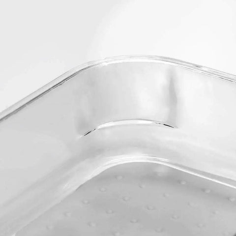 Close-up of Premium 4 Piece Clear Bin Storage Set For Office, Kitchen, And Home With Soft Grip Lining And Non Slip Base corner