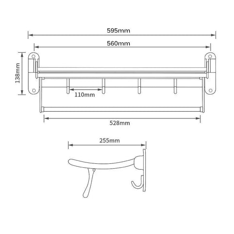Oil Rubbed Bronze Wall Mounted Towel Rack With Foldable Bar And Shelf Four Hooks Heavy Duty Bathroom Organizer dimensions diagram