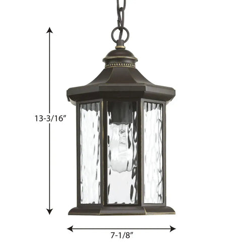 Traditional Antique Bronze Hanging Lantern With Clear Water Glass, 1-100W Medium Socket, Classic Vintage Farmhouse Pendant Light 13-3/16" x 7-1/8"