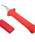 Premium 33HS High Carbon Steel Curved Blade Cable Stripping Knife With Ergonomic Insulated Handle And Protective Scabbard on white background.