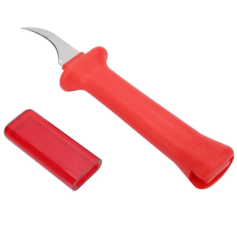 Premium 33HS High Carbon Steel Curved Blade Cable Stripping Knife With Ergonomic Insulated Handle And Protective Scabbard on white background.