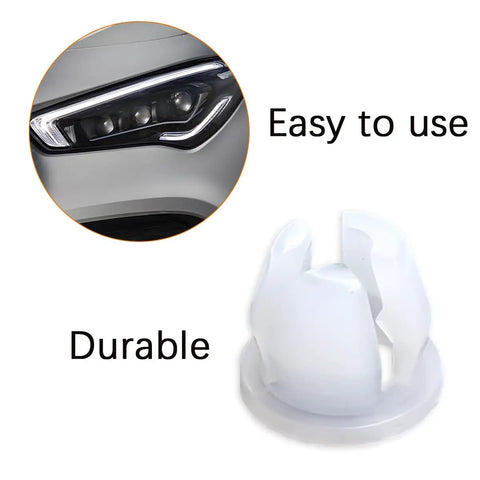 Beefy 10 Pack Car Headlamp Mounting Grommet Retaining Clip Set For Secure Headlight Install closeup with headlight assembly