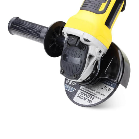 Angle grinder with yellow body and black handle, 4.5-inch cut-off wheel installed.