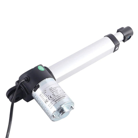 Heavy Duty Electric Linear Actuator With a Beefy 24V DC Motor and Smooth 150mm Stroke showing motor and alloy casing.