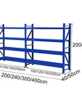 Heavy Duty Four Tier Steel Shelving Unit Bolt Free Assembly Garage Workshop Utility Storage Rack For Tools Pantry Organization, blue shelving unit, 200cm high, adjustable dimensions.