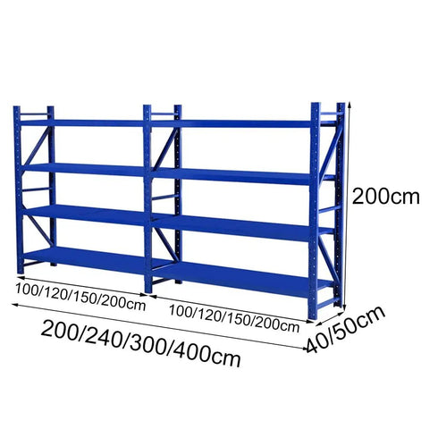 Heavy Duty Four Tier Steel Shelving Unit Bolt Free Assembly Garage Workshop Utility Storage Rack For Tools Pantry Organization, blue shelving unit, 200cm high, adjustable dimensions.