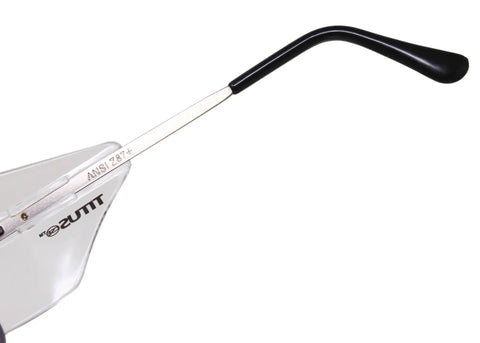 Close-up of metal frame of Top Shelf Aviator Safety Glasses with ANSI Z87 marking, ideal for motorcycle use.