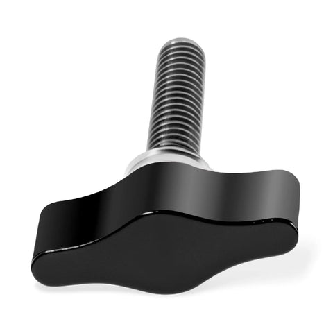 Four Piece Heavy Duty Stainless Steel Wing Knob Set Featuring Quarter Inch Coarse Thread And Rugged Black Grip for quick adjustment.