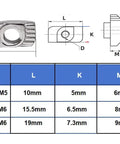 Plated carbon steel M6 T Slot Nuts for 40 Series Aluminum Profiles with size chart; sliding hammer head for CNC, 3D printers, robotics.