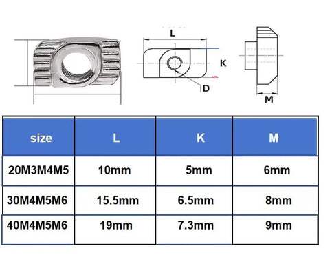 Plated carbon steel M6 T Slot Nuts for 40 Series Aluminum Profiles with size chart; sliding hammer head for CNC, 3D printers, robotics.