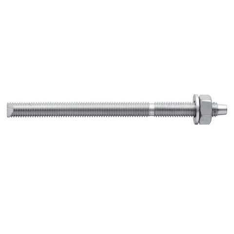 Close-up of 5/8 Inch by 8 Inch Threaded Steel Rod for Chemical Anchoring, HAS-E Pro-Grade, shown with nut, side view.