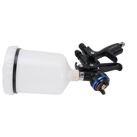Hella Smooth HVLP Paint Sprayer With Six Hundred Milliliter Cup And Point Three Tip Stainless Steel Nozzle in black and white.