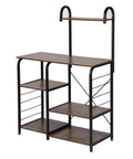 Hella Sturdy Five Tier Industrial Wooden Baker Rack Heavy Utility Storage Shelf with black metal frame and wood shelves.