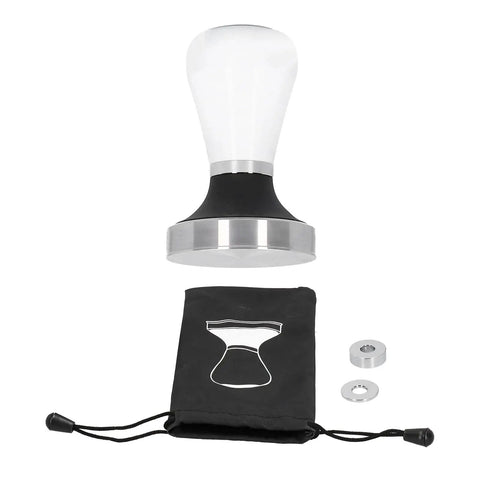 58 Millimeter Size Coffee Tamper Top Tier Stainless Espresso Press With Smooth Grip And Accurate Flat Pad, includes pouch and accessories.