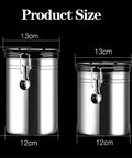 Legit Airtight Coffee Canister With Sweet Built In Scoop And Vacuum Sealed Stainless Steel Design Featuring One Way Degassing Valve Plus Handy Date Tracker Lid To Keep Your Beans Tea Or Flour Crisp And Fresh For Longer, size comparison of two canisters.