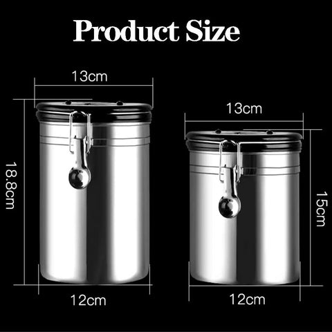 Legit Airtight Coffee Canister With Sweet Built In Scoop And Vacuum Sealed Stainless Steel Design Featuring One Way Degassing Valve Plus Handy Date Tracker Lid To Keep Your Beans Tea Or Flour Crisp And Fresh For Longer, size comparison of two canisters.