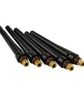 Premium 5 Pack Long Back Cup For TIG Torch WP-17 WP-18 WP-26 High Temp Resistant Ceramic Nozzle, five black cups with gold threads.