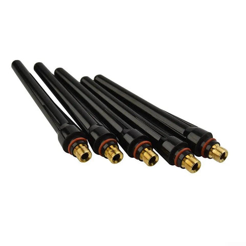 Premium 5 Pack Long Back Cup For TIG Torch WP-17 WP-18 WP-26 High Temp Resistant Ceramic Nozzle, five black cups with gold threads.