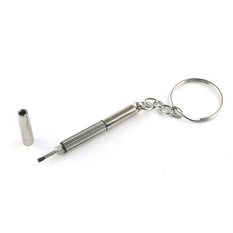 Close-up of tiny three-way screwdriver on keychain from 600 Piece Mini Electronics Screws And Nuts Kit for precision devices.