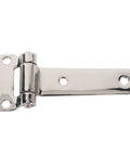 Side view of stainless steel T-shaped hatch door hinge with mounting plate and screw holes