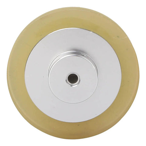 Saluaqui Industrial Encoder Wheel 200mm Rubber Aluminum Alloy top view showing anti-slip surface and central hole for rotary encoder.