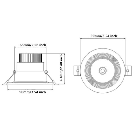 Dimmable 5W LED Downlight Recessed Ceiling Light With COB Warm White 3000K 3500K CRI Over 80 387LM Output dimensions diagram