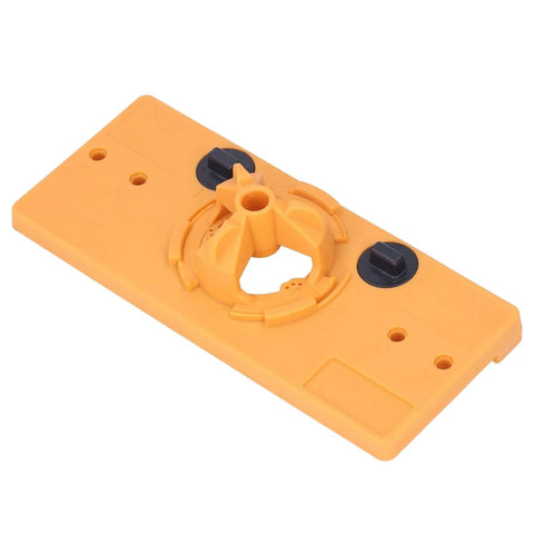 Hinge hole jig base, orange plastic, 35mm, top view with two black adjustment knobs