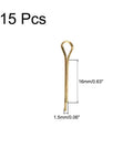 Brass Split Cotter Pin 1.5mm by 16mm With 2 Prongs Gold Tone Fastener Clip Key Set 15 Pieces shown vertically with measurements