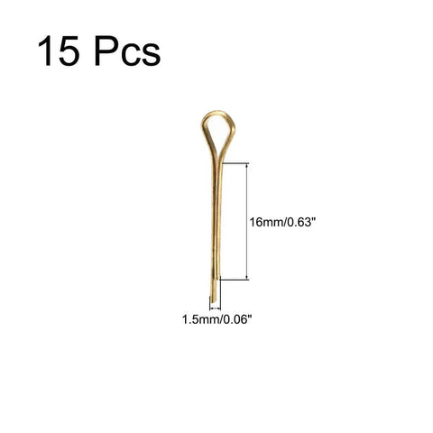 Brass Split Cotter Pin 1.5mm by 16mm With 2 Prongs Gold Tone Fastener Clip Key Set 15 Pieces shown vertically with measurements
