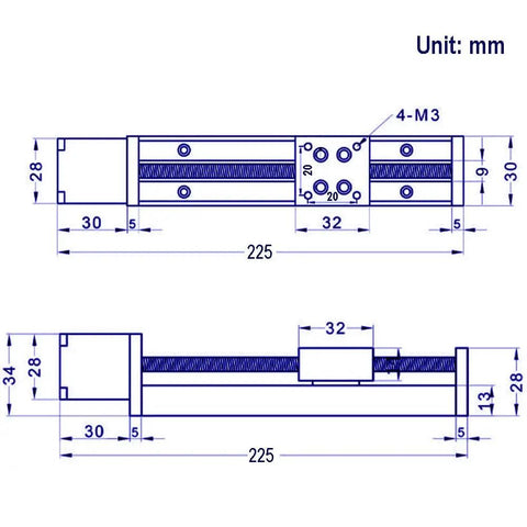 Technical drawing of Slick Compact Linear Rail Guide System With 150Mm Travel, 6Mm Lead Screw And 1Mm Pitch for CNC use