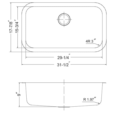 Technical drawing of Stainless Steel Undermount Kitchen Sink 23 Inch Single Bowl Eston Series Satin Finish Corrosion Resistant Easy To Clean Built To Last Heavy Duty No Fuss For Washing And Food Prep, showing precise dimensions and contours.