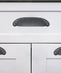 10 Pack 3 Inch Hole Center Black Iron Cup Drawer Pulls For Cabinets And Dressers installed on white cabinet