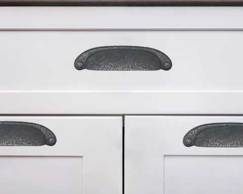 10 Pack 3 Inch Hole Center Black Iron Cup Drawer Pulls For Cabinets And Dressers installed on white cabinet