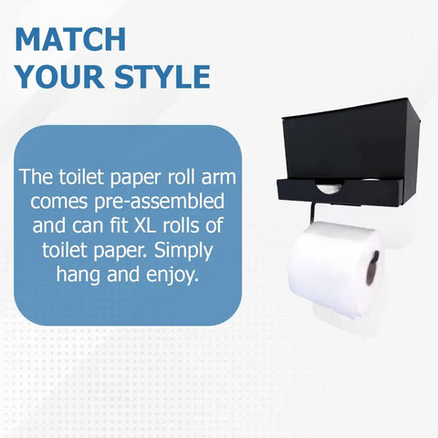 Wall-mounted sleek matte black toilet paper holder with shelf and drawer for XL rolls, including visible toilet paper and dispenser box.