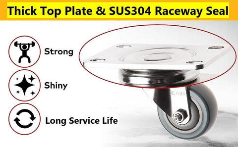 Heavy duty swivel caster with thick SUS304 plate and double raceways, featuring strong and shiny design for long service life.