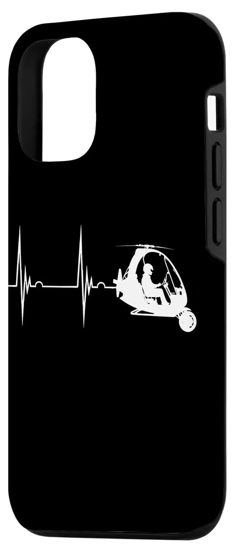Gyrocopter Aviation Heartbeat EKG Pulse Case For iPhone 12 And 12 Pro with white gyroplane graphic on black background