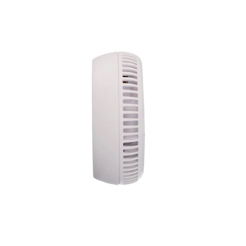 Side view of smoke detector with magnetic holder, compact design, tool-free setup, 85 decibels, sleek white finish.
