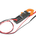 Pro Grade AC DC Digital Clamp Meter With Auto Ranging 400 Amp Capacity Non Contact Voltage Tester Hi Vis LCD TRMS Readouts shown.