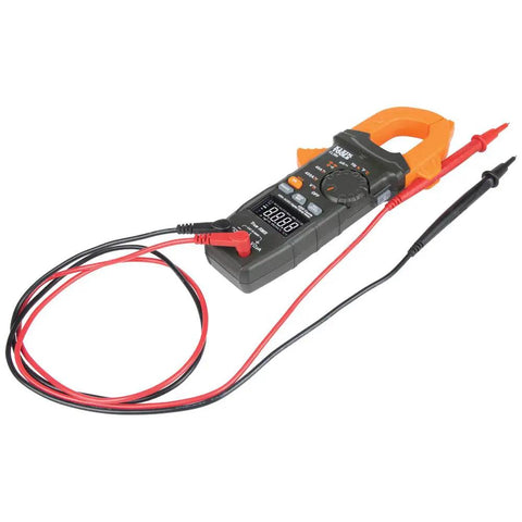 Pro Grade AC DC Digital Clamp Meter With Auto Ranging 400 Amp Capacity Non Contact Voltage Tester Hi Vis LCD TRMS Readouts shown.