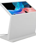 Real Deal Forty Nine Inch Interactive Touchscreen Kiosk Running Android Fourteen And Vibrant Full Hd Display Seriously Impressive For Wayfinding Or Quick Guest Check Ins, in white sleek design, side angle view.